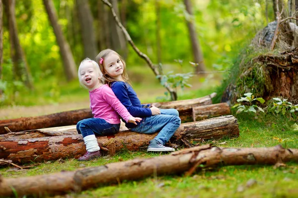 Hermanas sentadas en troncos —  Fotos de Stock