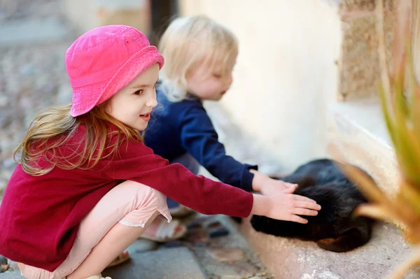 Zwei Schwestern und Katze — Stockfoto