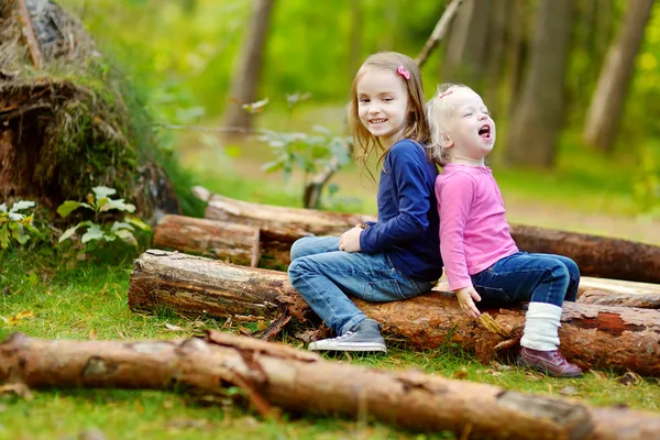 Sisters sitting on logs — Stock Photo, Image