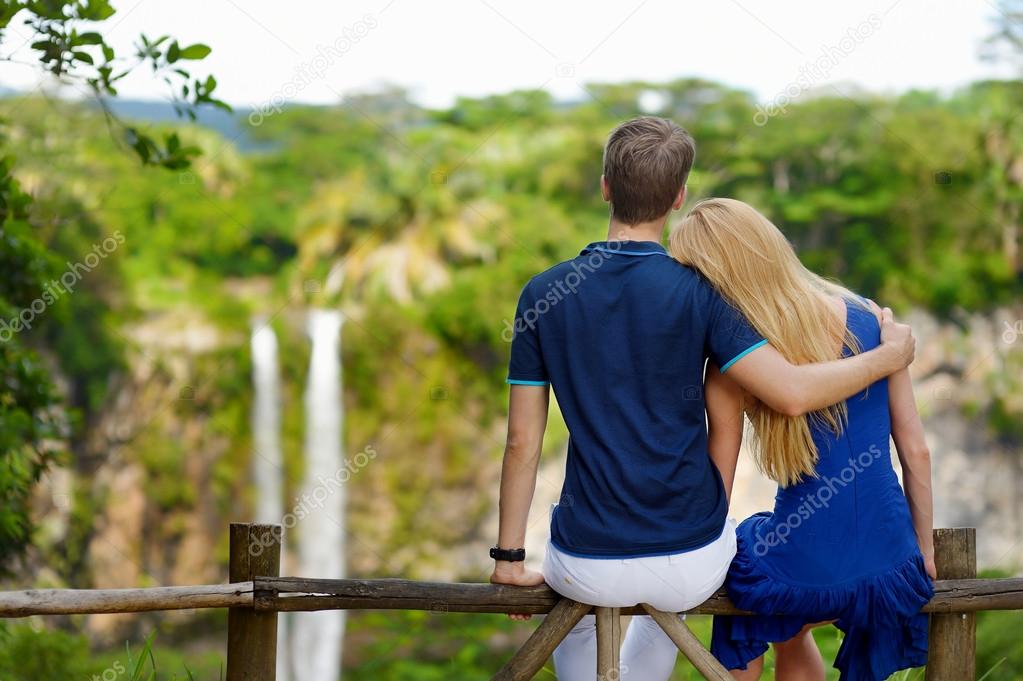 Young couple  on Chamarel falls