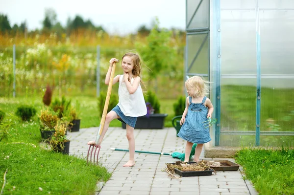 Sisters with garden tools — Stock Photo, Image