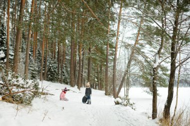 İki komik genç kız güzel kış parkında kızakla eğleniyor. Karda oynayan sevimli çocuklar. Çocuklar için kış aktiviteleri.