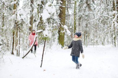İki sevimli genç kız güzel kış parkında birlikte eğleniyorlar. Karda oynayan sevimli kız kardeşler. Çocuklu aileler için kış etkinlikleri.