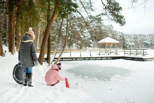 美しい冬の公園でそりを楽しんでいる2人の面白い若い女の子 雪の中で遊んでいるかわいい子供たち 子供のための冬の活動 — ストック写真