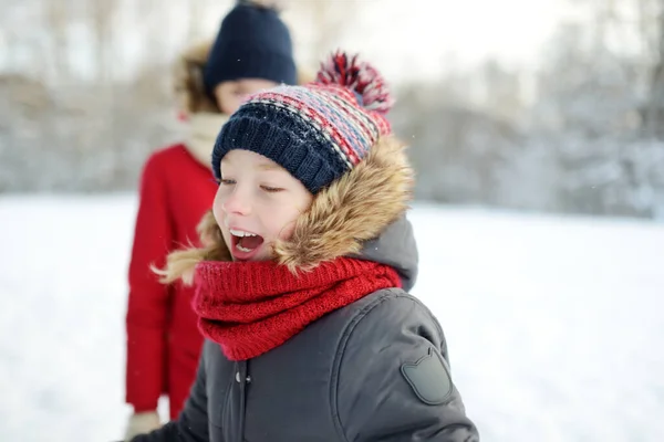 Dvě Rozkošné Mladé Dívky Baví Spolu Krásném Zimním Parku Roztomilé — Stock fotografie