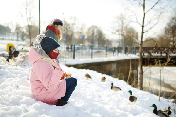 Two Young Sisters Feeding Ducks Sunny Winter Day City Park — Stock Photo, Image