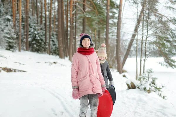 Δύο Αστεία Νεαρά Κορίτσια Διασκεδάζουν Ένα Έλκηθρο Στο Όμορφο Χειμερινό — Φωτογραφία Αρχείου