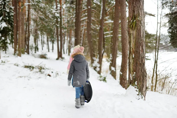 Engraçado Menina Divertindo Com Trenó Belo Parque Inverno Criança Bonita — Fotografia de Stock