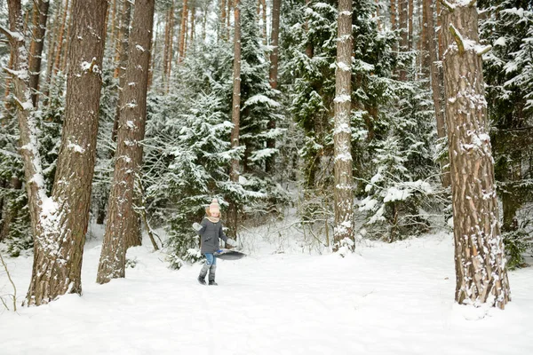 Garota Adorável Divertindo Belo Parque Inverno Durante Queda Neve Criança — Fotografia de Stock