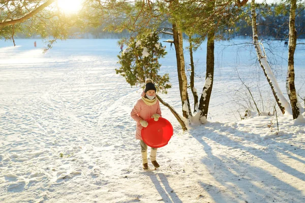 Забавная Девушка Развлекается Санями Красивом Зимнем Парке Милый Ребенок Играющий — стоковое фото