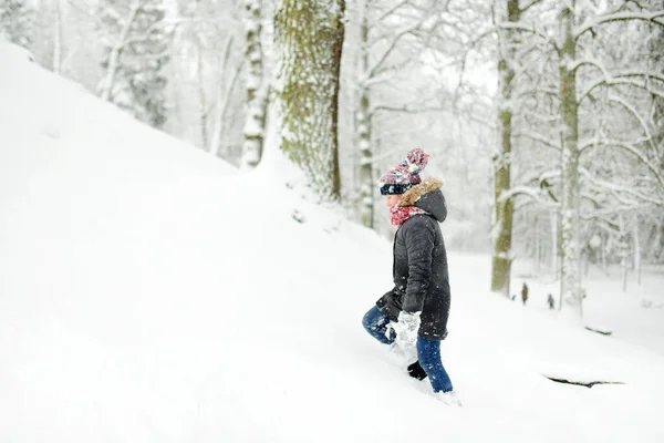 Tânără Adorabilă Distrează Într Parc Iarnă Frumos Timpul Ninsorilor Copil — Fotografie, imagine de stoc