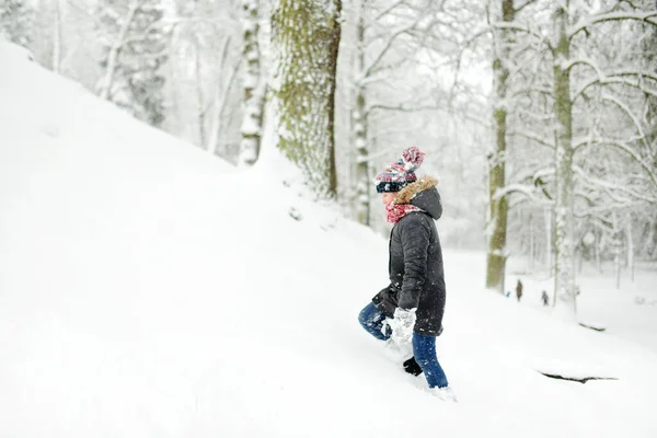 Schattig Jong Meisje Dat Zich Vermaakt Een Prachtig Winterpark Tijdens — Stockfoto