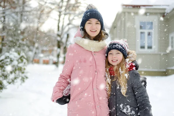 两个可爱的小女孩在美丽的冬季公园里玩得很开心 可爱的姐妹们在雪地里玩耍 有子女家庭的冬季活动 — 图库照片