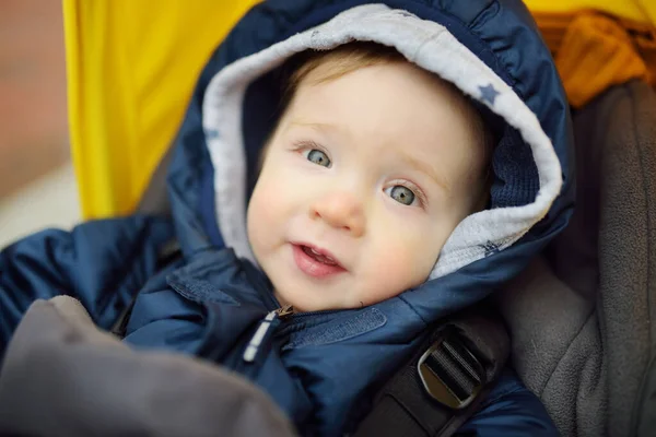 Dışarıda Bebek Arabasında Oturan Kalın Kıyafetler Giyen Tatlı Bir Çocuk — Stok fotoğraf