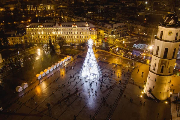 Vilnius Lithuania November 2021 Aerial View Decorated Illuminated Christmas Tree — Stock Photo, Image