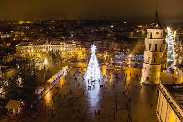 Vilnius Lithuania November 2021 Aerial View Decorated Illuminated Christmas Tree — Stock Photo, Image