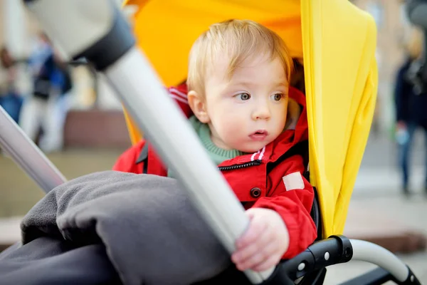 Słodki Chłopczyk Czerwonej Kurtce Siedzący Wózku Zewnątrz Małe Dziecko Wózku — Zdjęcie stockowe