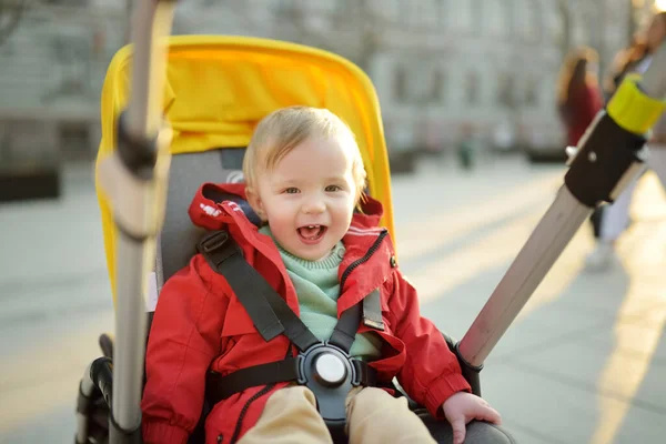 Dolce Bambino Che Indossa Una Giacca Rossa Seduto Passeggino All — Foto Stock