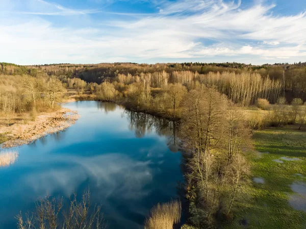 Aerial View Lake Forest Blue Cloudy Sky Its Reflection Water — Stock Photo, Image