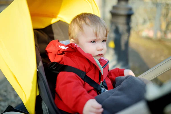 可爱的男婴穿着红色的夹克坐在外面的推车上 婴儿车里的小孩坐在推椅上的小孩 春天和孩子们散步 有幼儿的家庭休闲 — 图库照片