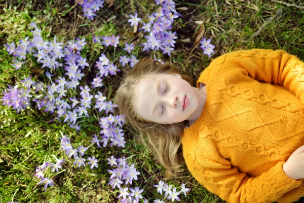 Cute Young Girl Admiring Beautiful Purple Crocus Flowers Sunny Spring — Stock Photo, Image