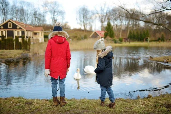 Bakifrån Flickor Står Nära Floden — Stockfoto