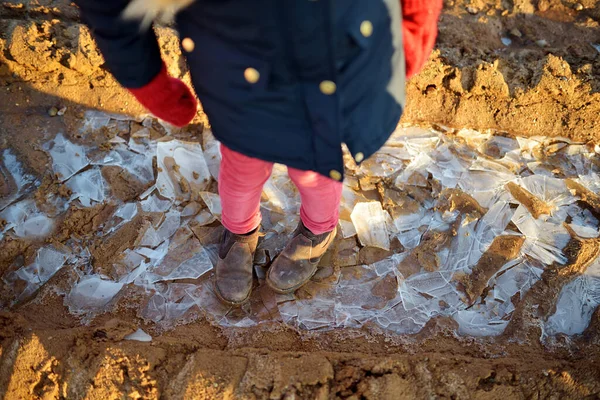 一个快乐的小女孩在结冰的土地上玩着薄冰布丁 孩子们在冬天玩得很开心 儿童冬季活动 — 图库照片