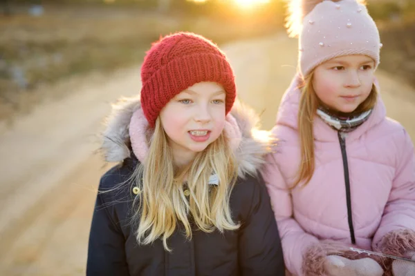 Dos Hermanas Jóvenes Lindas Que Divierten Durante Caminata Por Bosque —  Fotos de Stock