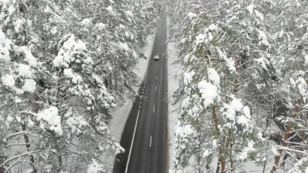 Vista aérea de la carretera dividida nevada en un día nublado de invierno — Vídeos de Stock