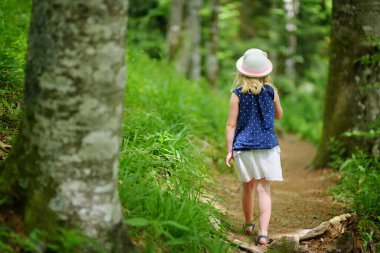 Avrupa 'nın en büyük ormanlarından biri olan Casentino laik ormanında La Verna Sığınağı' nın etrafındaki Chiusi della Verna patikasını takip eden genç bir kız. Foreste Casentinesi, Toskana, İtalya.
