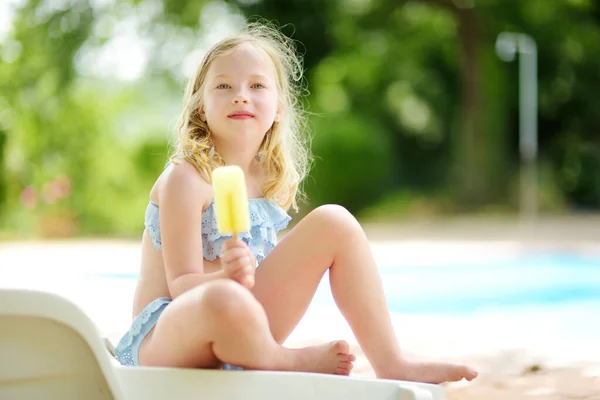 Cute Young Girl Swimsuit Having Ice Cream Outdoor Pool Child — Stock Photo, Image