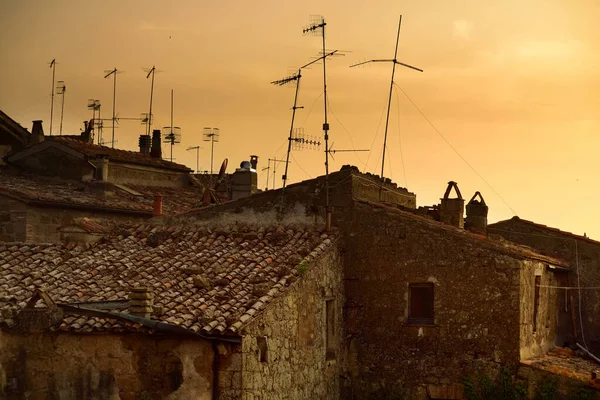 Sunset View Pitigliano Town Located Atop Volcanic Tufa Ridge Known — Stock Photo, Image