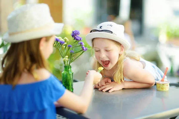 Twee Zusjes Die Een Ijsje Eten Warme Zonnige Zomerdagen Tijdens — Stockfoto