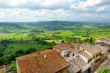 Tuscany 'nin yeşil tepeleri ve otlakları ve Montepulciano kasabasının çatıları, üzüm bağlarıyla çevrili kireçtaşı bir sırtın tepesinde yer alıyor. Vino Nobile şarap bölgesi. Toskana, İtalya.