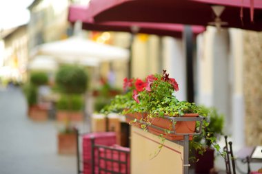 Montalcino kasabasının ortaçağ caddesinde boş bir restoran masası tepenin üstünde ve dünya çapında lezzetli şarap üretimiyle bilinen üzüm bağlarıyla çevrili. Toskana, İtalya.