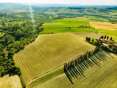 Ufukta küçük köyleri olan sarı tarlaların ve tarım alanlarının göz kamaştırıcı manzarası. İtalya, Toskana 'nın kayan tepeleri, kıvrımlı yolları ve selvilerinin yaz manzarası.