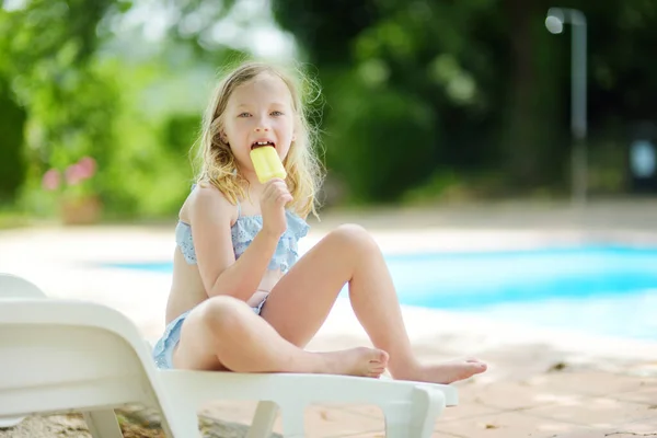 Cute Young Girl Swimsuit Having Ice Cream Outdoor Pool Child — Stock Photo, Image