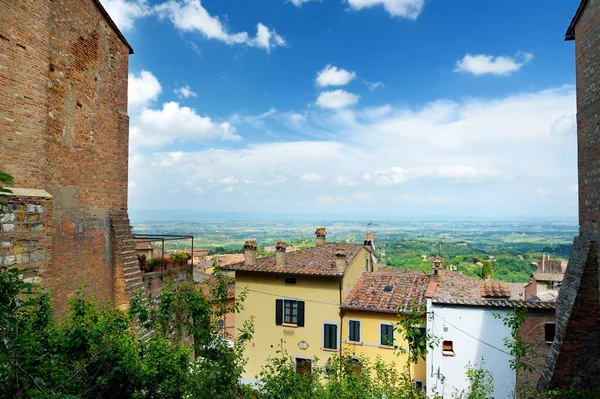 Tuscany Nin Yeşil Tepeleri Otlakları Montepulciano Kasabasının Çatıları Üzüm Bağlarıyla — Stok fotoğraf