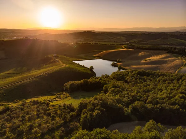 Atemberaubender Morgenblick Auf Felder Und Ackerland Mit Kleinen Dörfern Horizont — Stockfoto