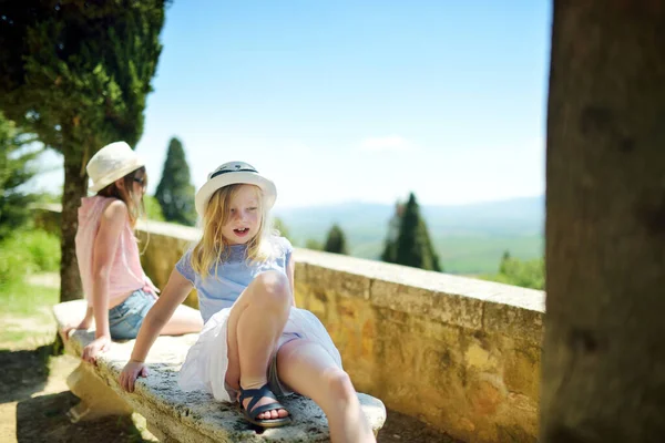 Dos Hermanas Admirando Vista Campos Verdes Tierras Cultivo Con Pequeños — Foto de Stock