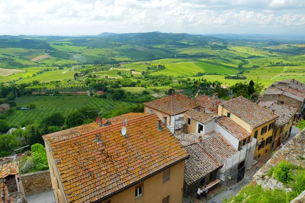 Green Hills Pastures Tuscany Rooftops Montepulciano Town Located Top Limestone Stock Picture