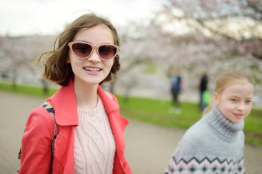 İki tatlı genç kız kardeş güzel bir yaz gününde birlikte eğleniyorlar. Çocuklarla aktif aile eğlencesi. Aile eğlencesi..