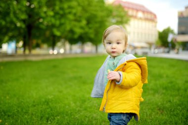 Komik çocuk güneşli yaz gününde dışarıda eğleniyor. Doğayı keşfeden çocuk. Küçük çocuklar için yaz etkinlikleri.