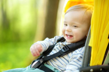 Dışarıda bir bebek arabasında oturan tatlı bir çocuk. Bebek arabasındaki küçük çocuk. Bebek bebek sandalyede oturuyor. Çocuklarla yaz yürüyüşleri. Küçük çocukla ailecek vakit geçirmek..