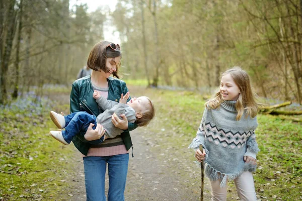 在一个阳光明媚的春天 两个姐姐和她们蹒跚学步的弟弟在森林里散步 玩得很开心 有孩子的积极的家庭休闲 探索自然的儿童 — 图库照片