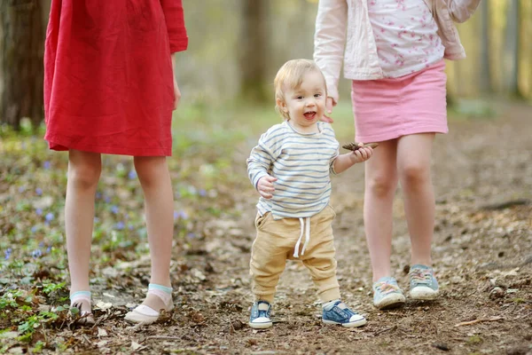 Twee Zusjes Hun Peuterbroertje Vermaken Zich Tijdens Een Boswandeling Een — Stockfoto