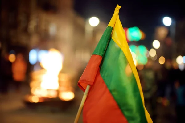 Lithuanian Flag Held Celebration Restoration State Day Vilnius Bonfires Lit — Stock Photo, Image