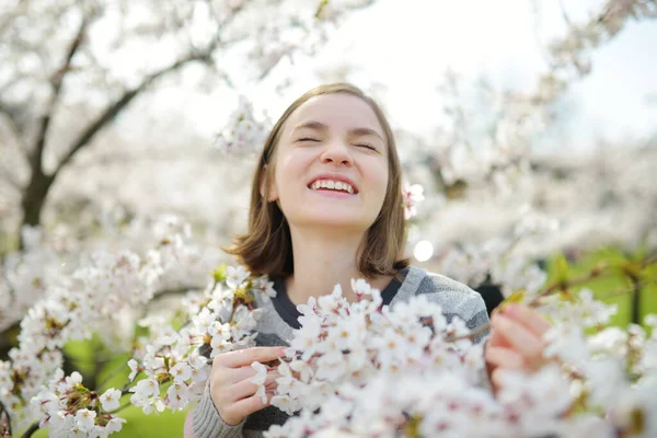 Adorable Chica Joven Jardín Cerezo Flor Hermoso Día Primavera Lindo —  Fotos de Stock