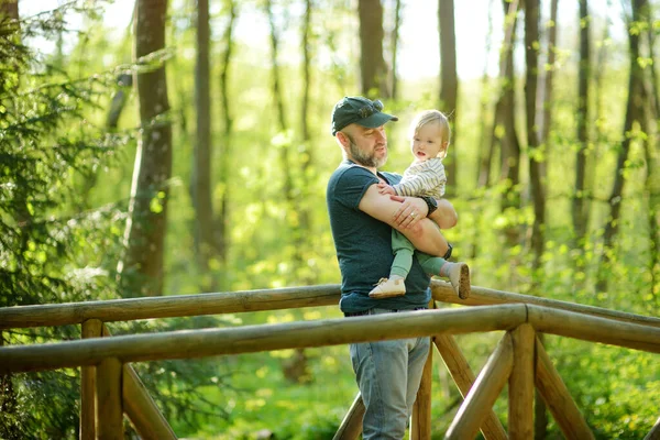 Netter Lustiger Kleinkind Junge Und Sein Vater Wandern Wald Vater — Stockfoto