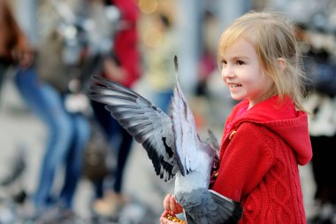 Yaz günü Amsterdam 'da Baraj Meydanı' nda kuşları besleyen ve kovalayan şirin küçük bir kız. Çocuk dışarıda güvercin ve serçeleri besliyor..